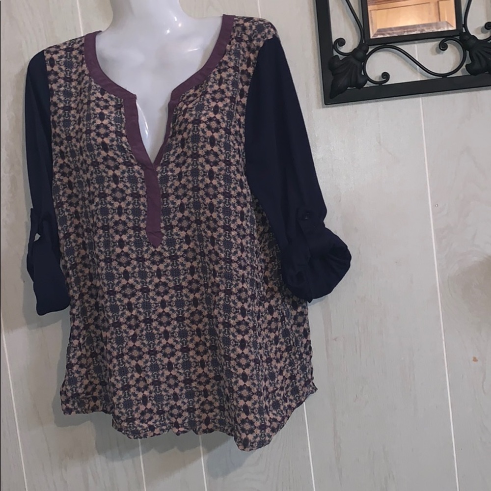 Purple and tan patterned blouse